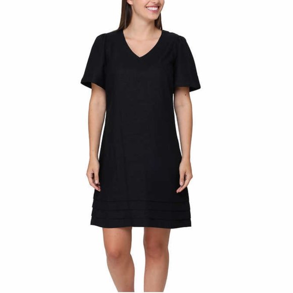 NWT Nicole Miller Original Ladies' White & Tan Pleat Hem Linen Blend Shirt Dress - Picture 9 of 14